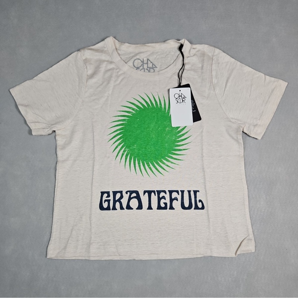 Chaser Womens Beige Linen Blend Grateful Graphic Tee Size Medium NWT